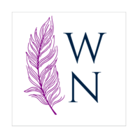 Purple feather and navy blue text that reads "WN" on a white background with white borders.