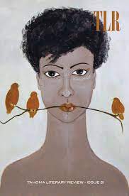 A drawing of a short-haired, dark-skinned person with a twig between their closed lips. Three orange birds stand on the twig. 