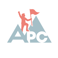 Autism Personal Coach logo: An orange human stands on the APC acronym, an orange flag in their hand. 