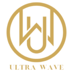 Ultra Wave Logo, a golden circle with a capital W inside of a capital U, the company name "ULTRA WAVE" all capitalized in the same golden color as the circle, all on a white background.